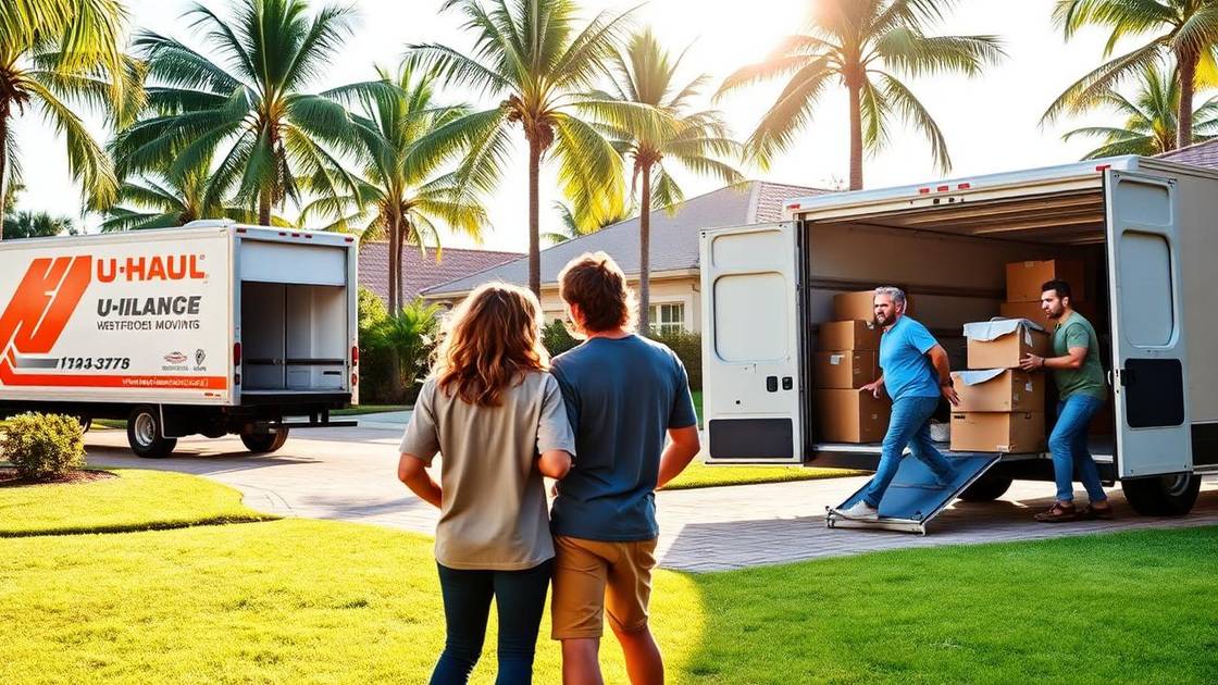 Florida couple comparing a rental moving truck and a professional moving van in their driveway