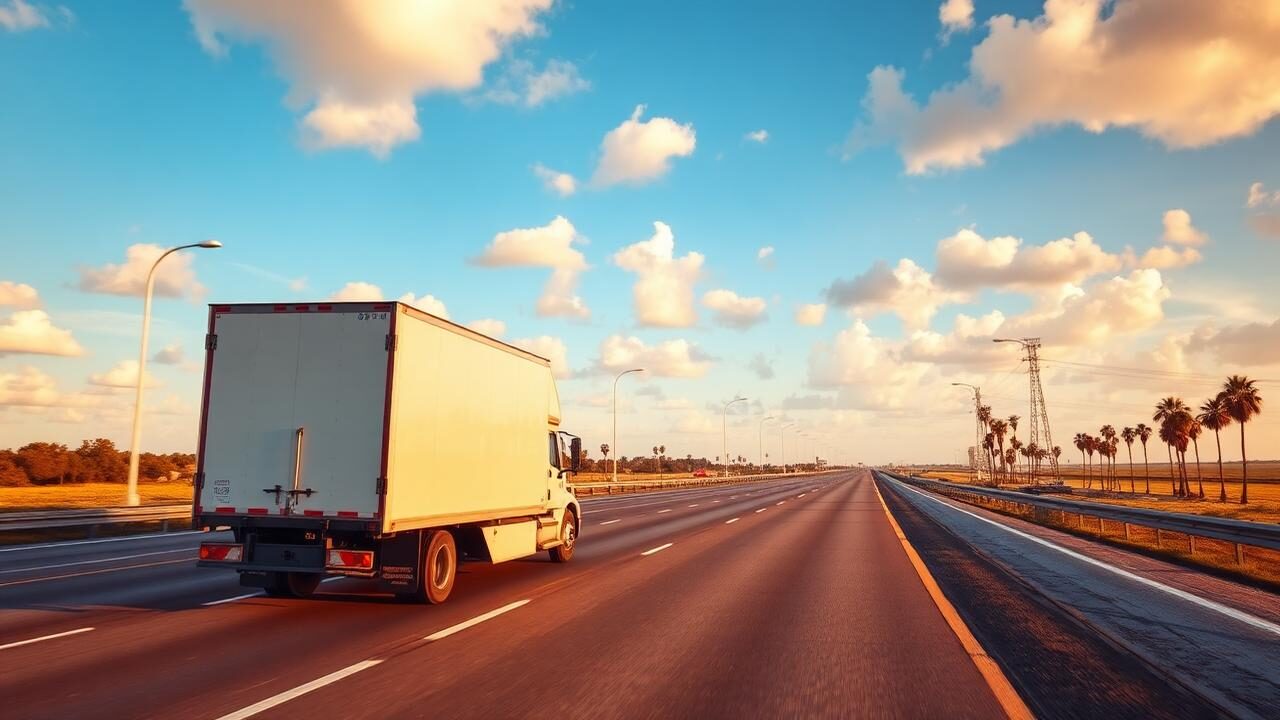 White moving truck driving south on an interstate highway toward Florida with palm trees on the horizon