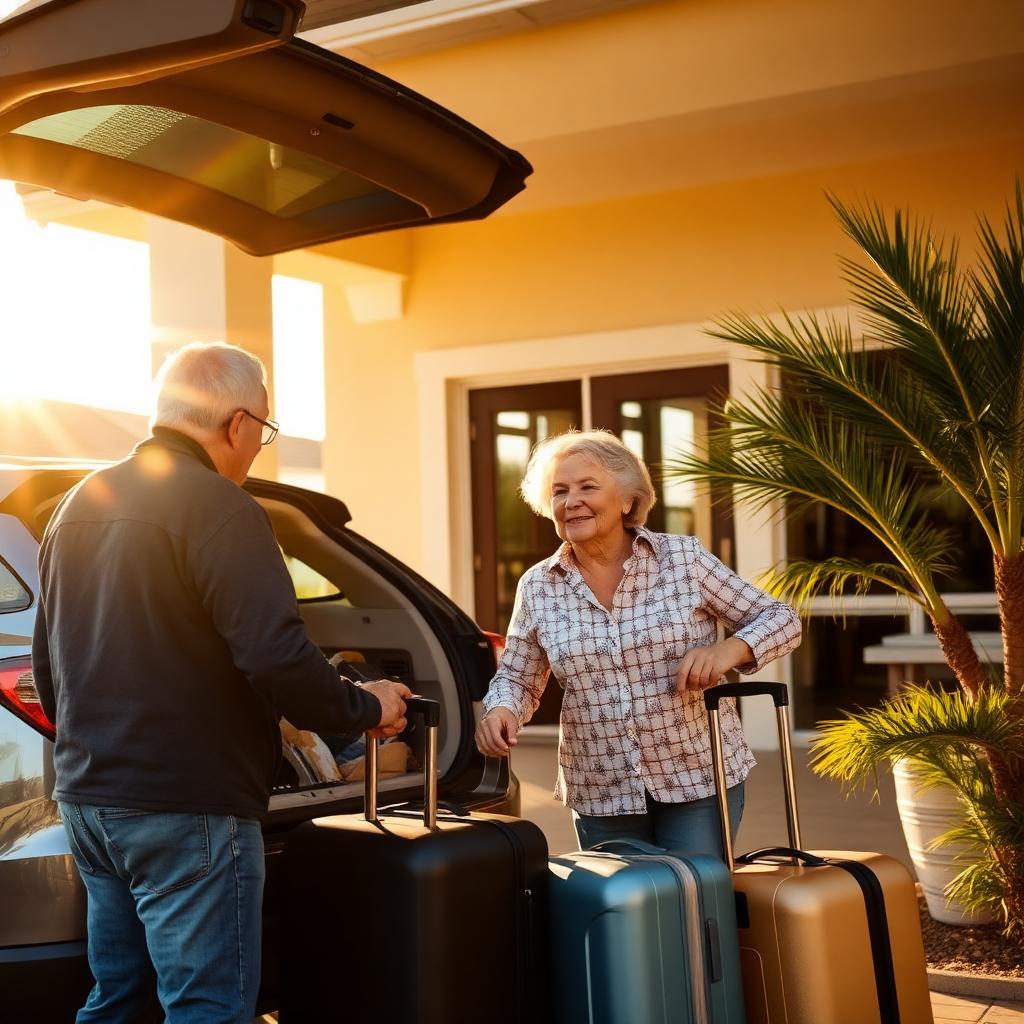 Retired couple arriving at a Florida home with suitcases at golden hour