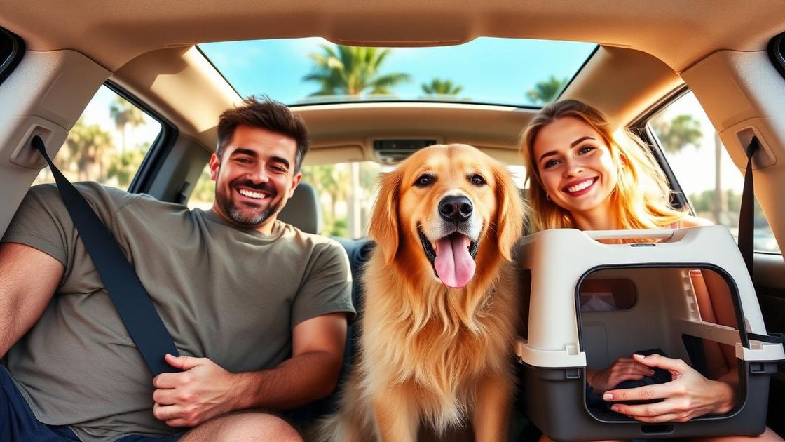 Happy family with a golden retriever and cat carrier inside an air-conditioned SUV in Florida