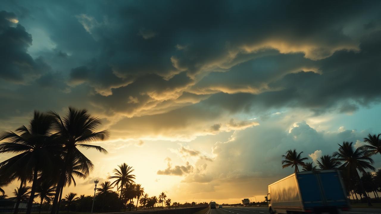 Moving truck driving on a Florida highway under dramatic hurricane-season clouds