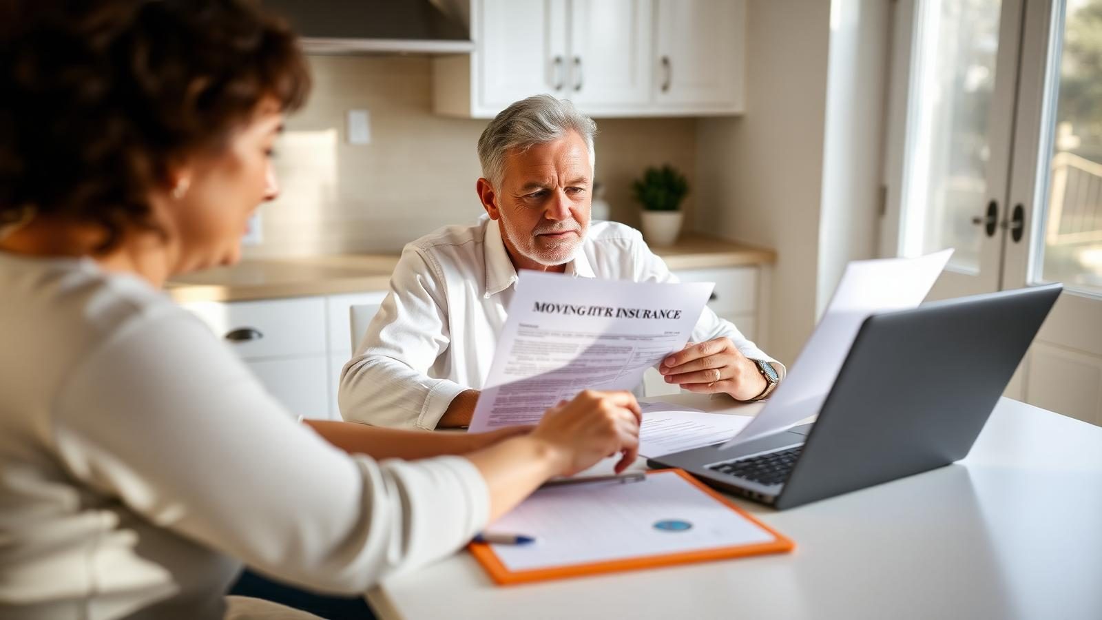 Florida homeowner reviewing a moving insurance document at a bright kitchen table with a laptop