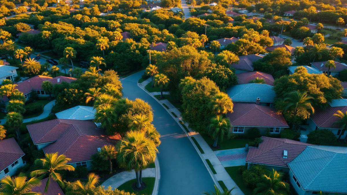 Aerial view of a leafy Florida family neighborhood with palm-lined streets at golden hour