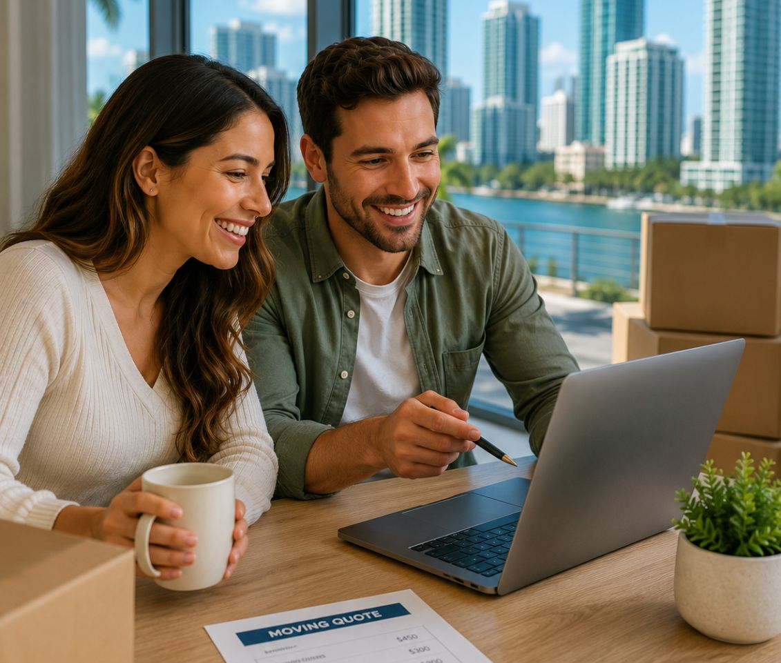 Florida couple reviewing their moving quote on a laptop